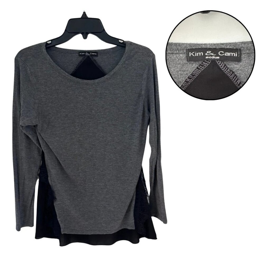 Kim & Cami Gray Lace Trim Layered Hem Top M